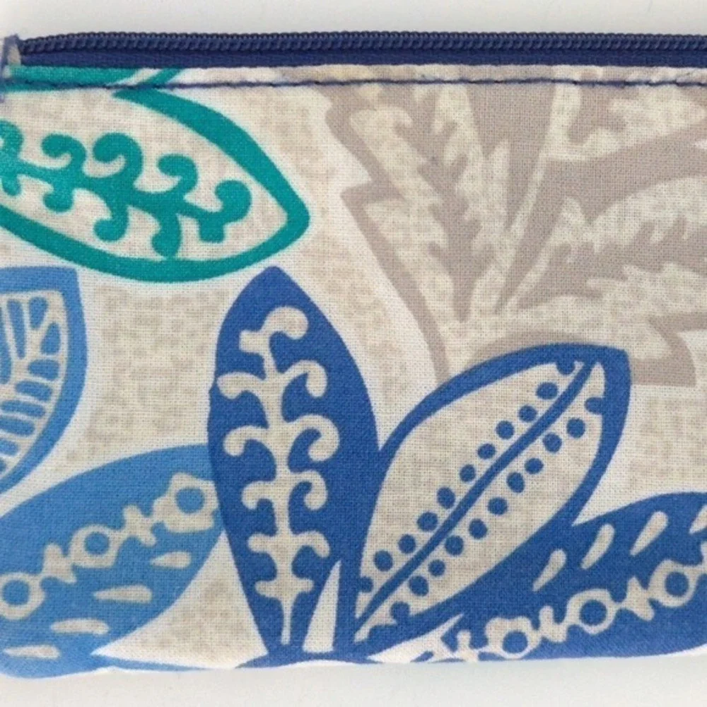 Vera Bradley Blue Green Beige Leaves Santiago ID Card Holder / Coin Pouch Wallet